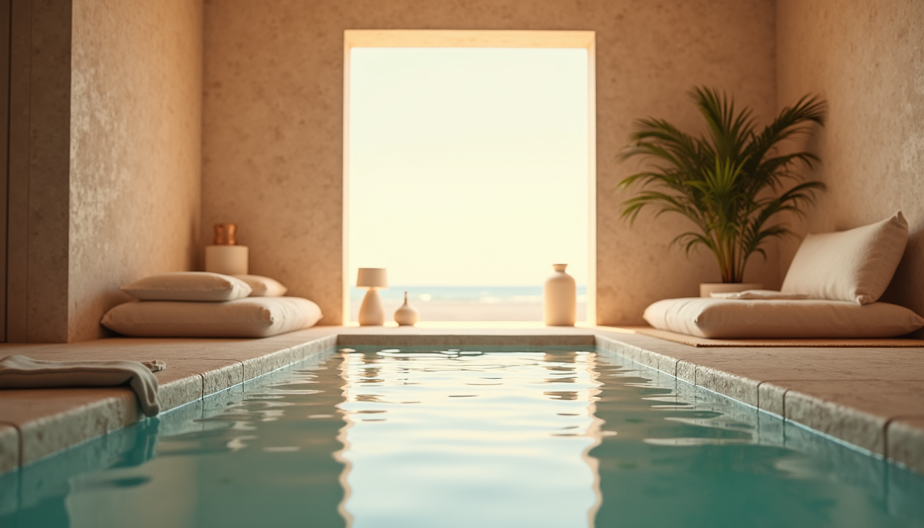 Vue en plongée d’un espace de détente avec des coussins et une lumière douce, invitant à la relaxation