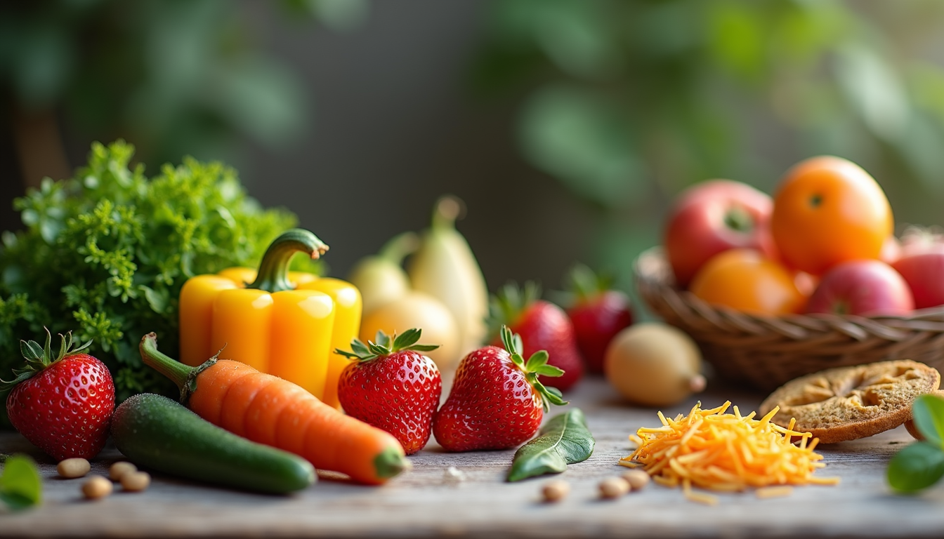 Vue en plongée d'une table avec fruits frais, légumes et compléments alimentaires