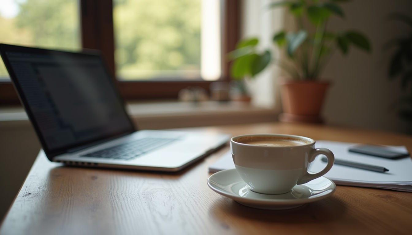 Vue en plongée d’un bureau avec un ordinateur portable et une tasse de café, ambiance cosy pour une séance de coaching en ligne