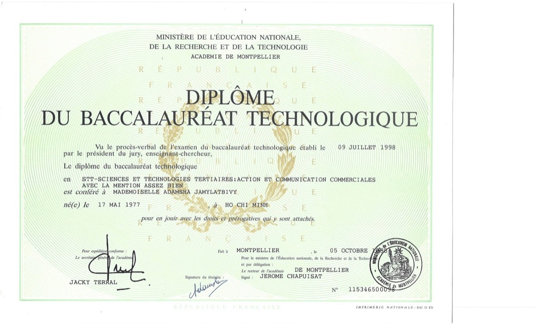 Diplôme du Baccalauréat technologique STT de Myla Adamsha, Académie de Montpellier, 1998