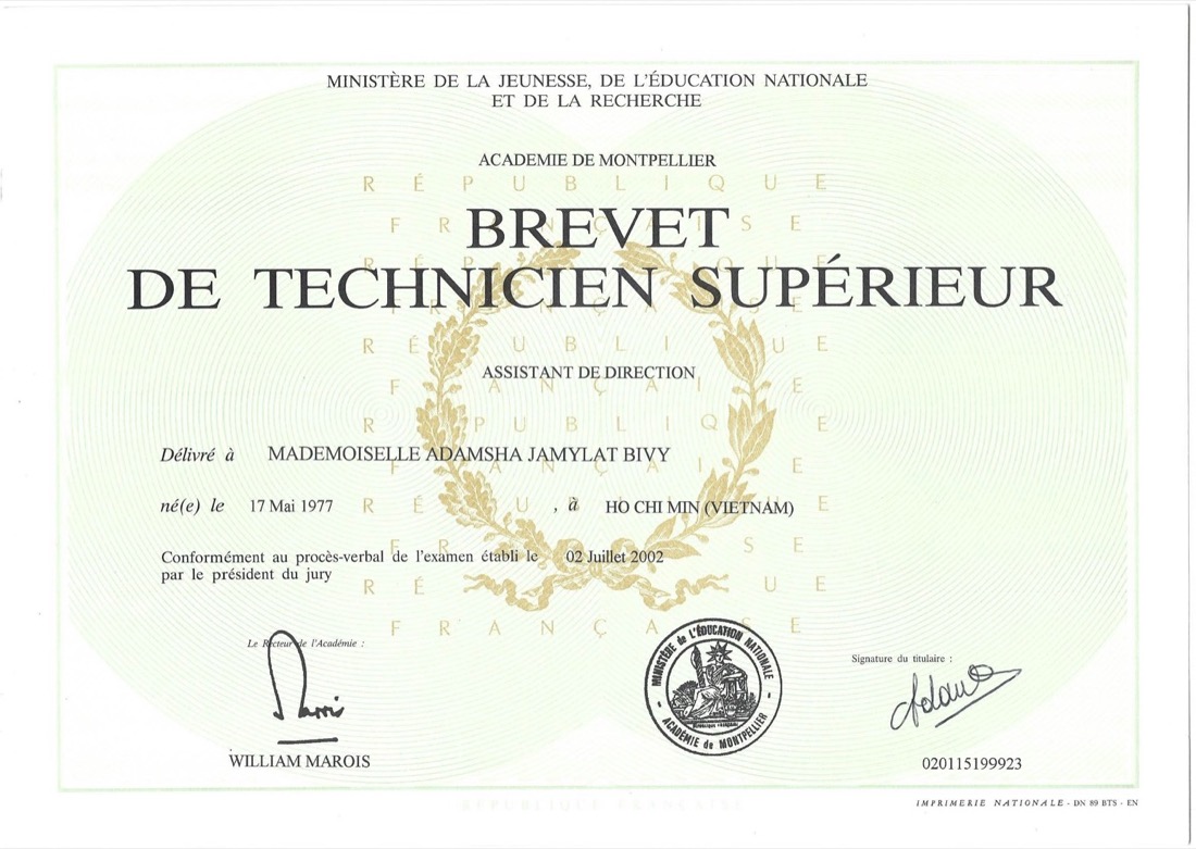 Brevet de Technicien Supérieur Assistant de direction de Myla Adamsha, Académie de Montpellier, 2002