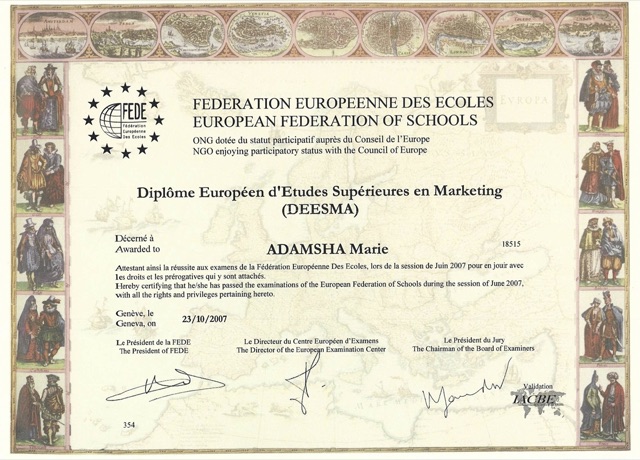 Diplôme Européen d'Études Supérieures en Marketing de Myla Adamsha