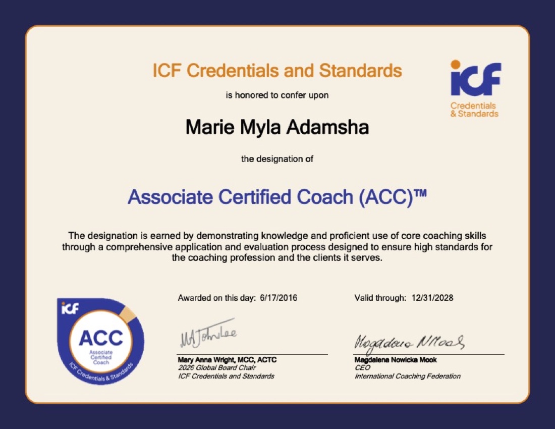 Certification ICF Associate Certified Coach de Marie Myla Adamsha, décernée le 17 juin 2016, valable jusqu'au 31 décembre 2028