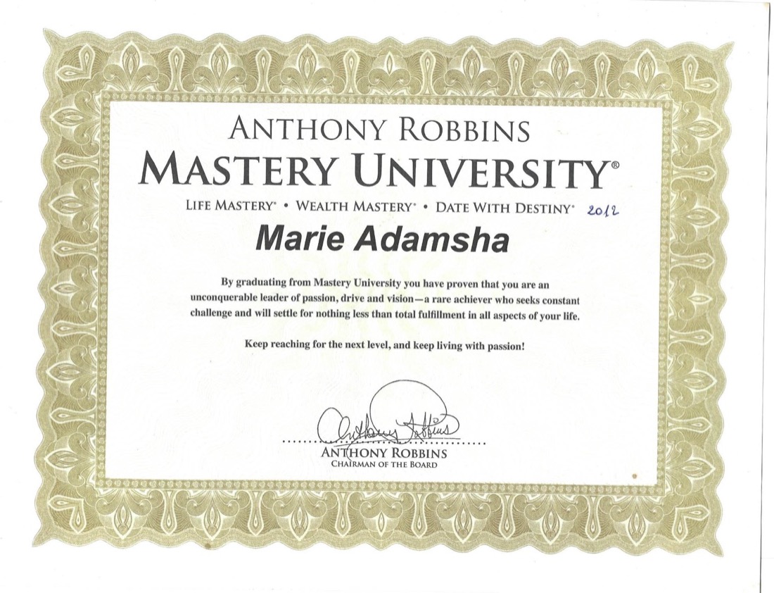 Certificat Mastery University d'Anthony Robbins remis à Marie Adamsha, 2012