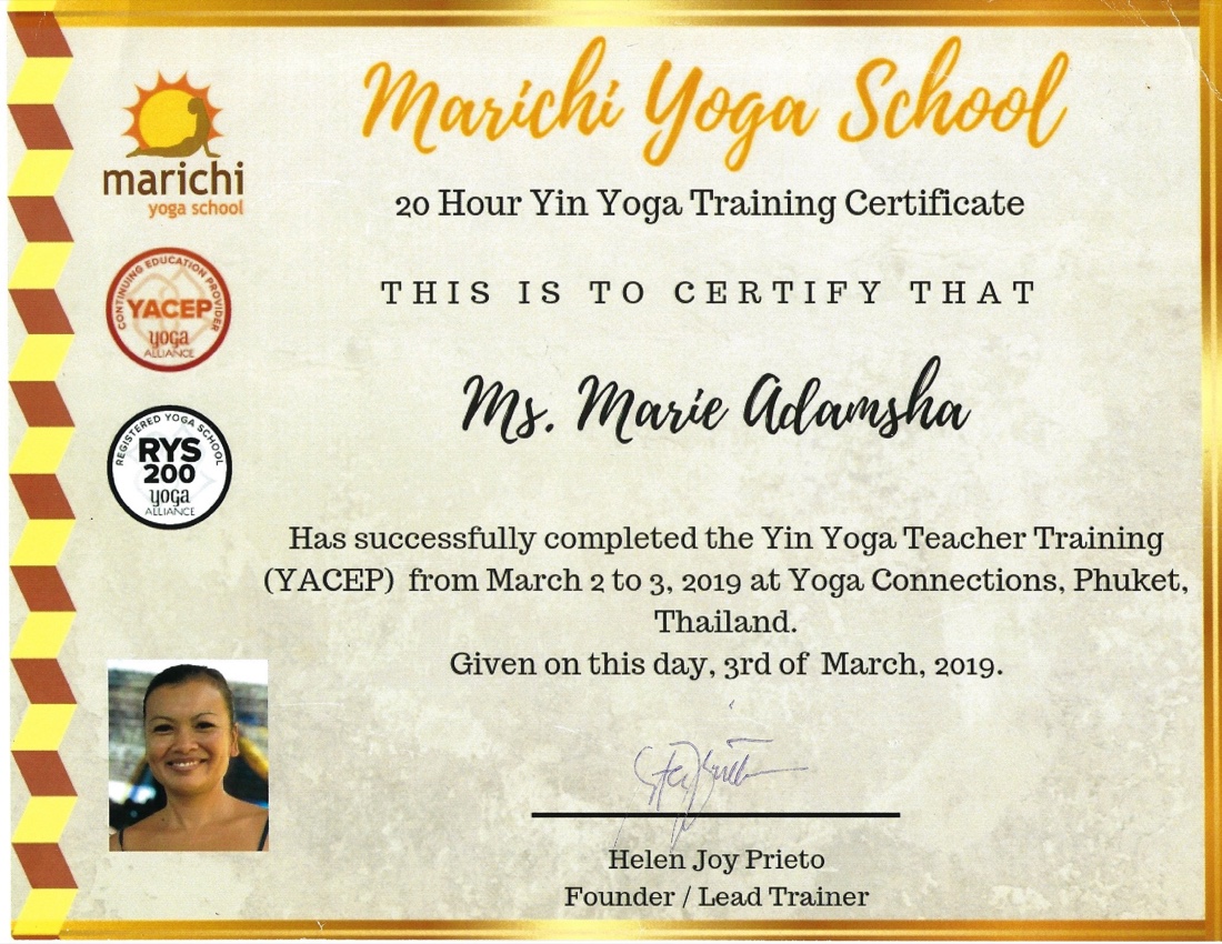 Certificat de professeur de Yin Yoga de Marie Adamsha, Marichi Yoga School, Phuket, mars 2019